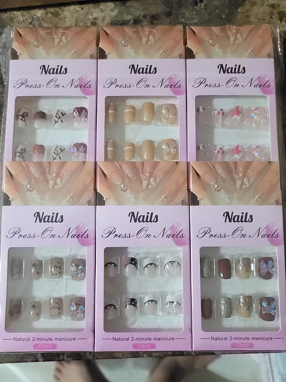 Set of 6 Press-On Nail Packs — Neutral & Pink Designs